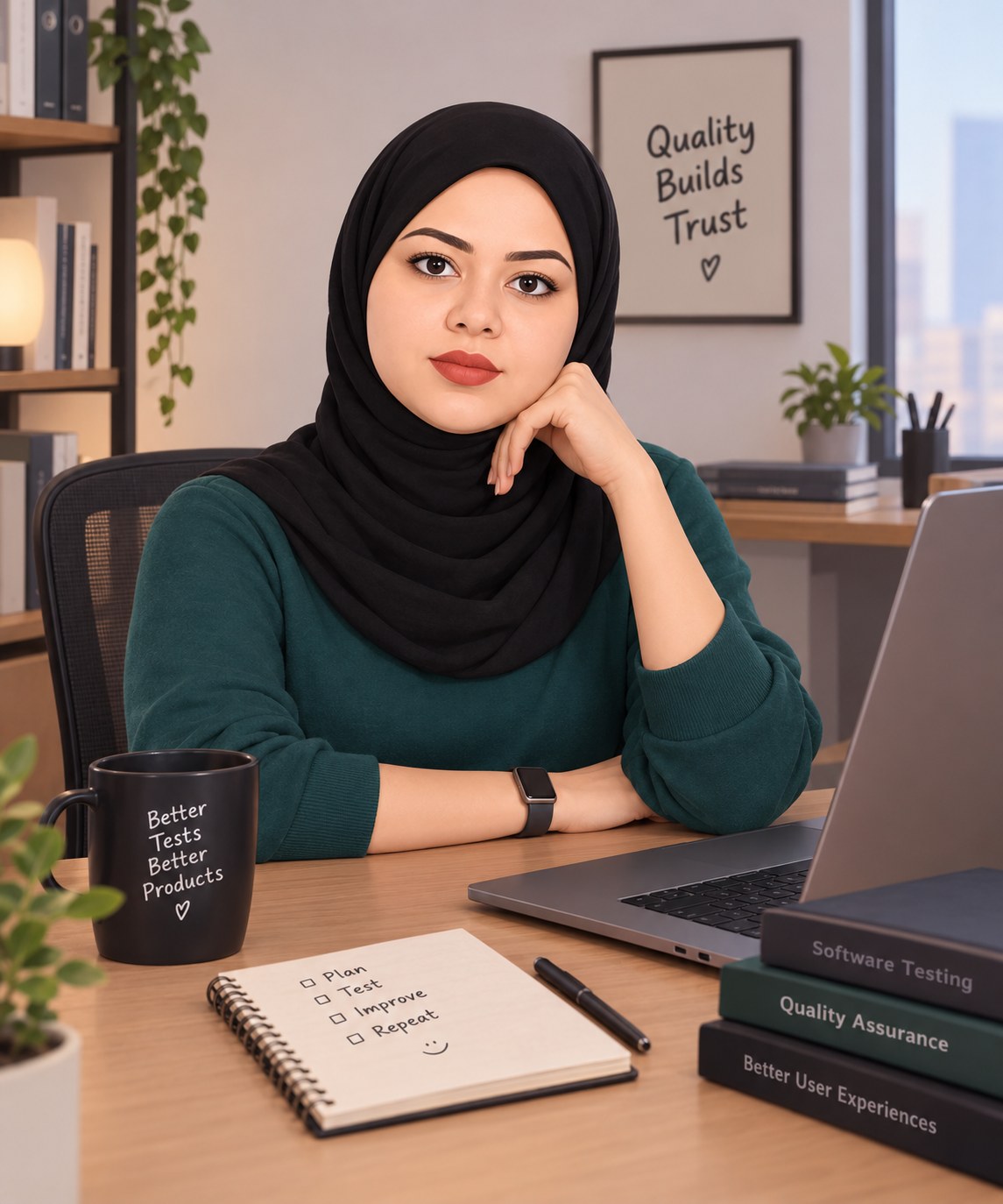Illustrated portrait of Eman Saleh at her desk: black hijab, teal sweater, laptop, notebook reading Plan, Test, Improve, Repeat